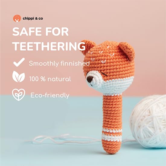 Chippi & Co Crochet Baby Rattle, Crochet Baby Toys, Stuffed Baby Doll, Organic Wooden Newborn Toys, Knitted Stuffed Animals for Babies Boy, Girl, Cool Gifts for New Moms, Dads (Fernie The Fox)