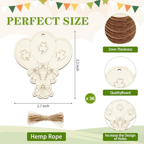 36PCS Wooden St. Patrick's Day Ornaments to Paint Shamrock Cutout Decorations