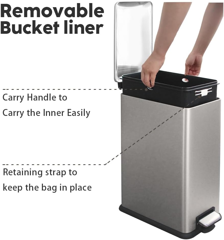 Bathroom Bin 17L, Kitchen Bins Small Trash Can with Soft Close Lid,Slim Pedal Bin with Removable Inner Bucket for Home,Bathroom,Kitchen,Bedroom,and Office.Grey