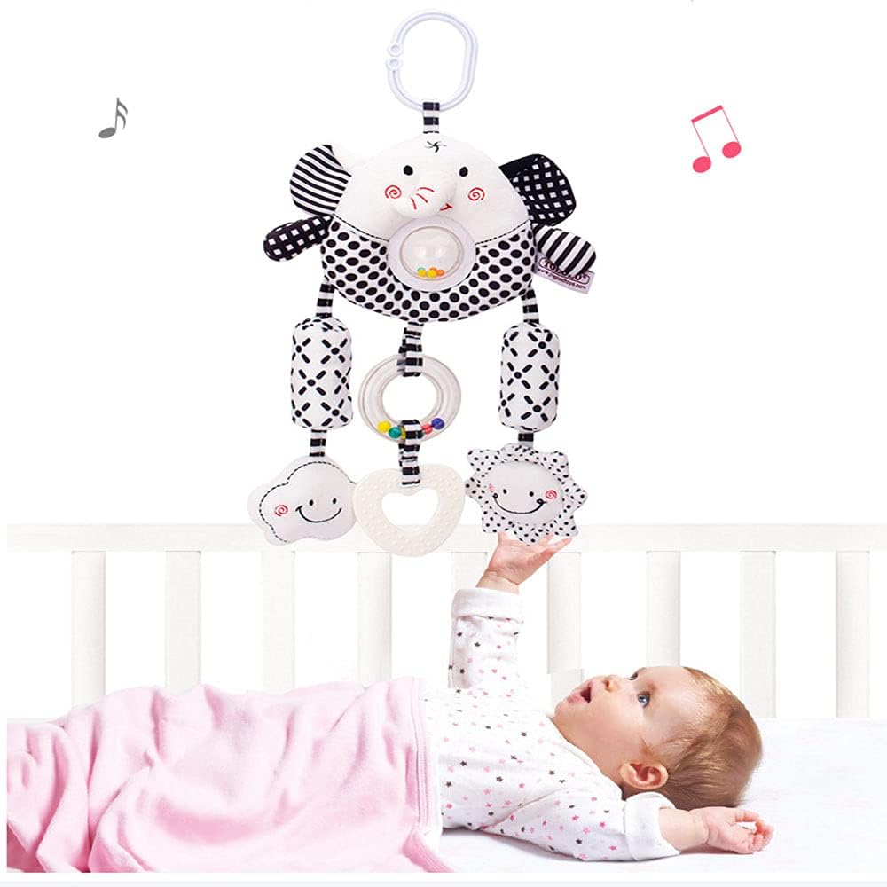 D-KINGCHY Baby Toys Car Seat Stroller Plush Hanging Rattle Animal Stuffed Hanging Toy with Teether Rattle Sound for 0-3 Years Old (Elephant)