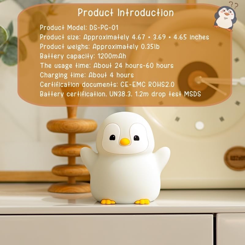 Cute Penguin Night Light, LED Squishy Xmas Penguin Lamp, Food Grade Silicone Dimmable Nightlight, Kids Gray Penguins Light, Rechargeable Light Up Penguins Gifts, Kids Room College Decor