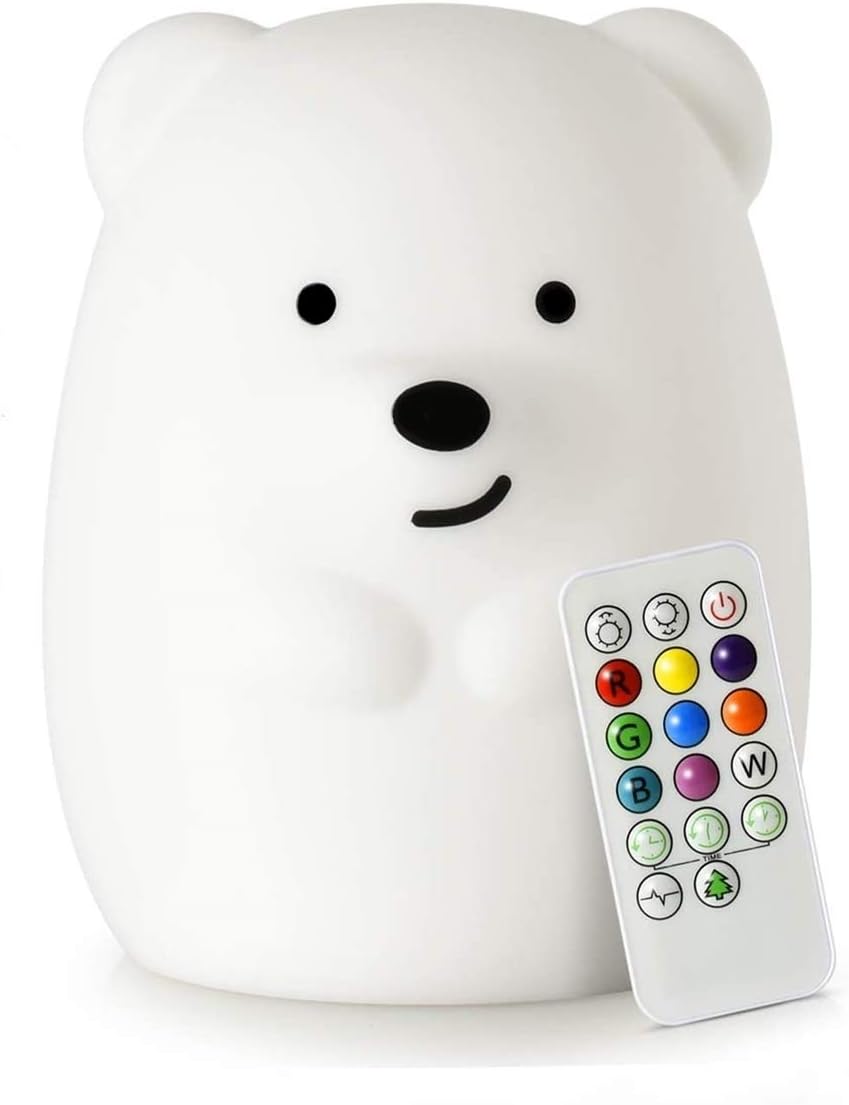 Large Bear Night Light for Kids, Silicone nightlights Bedside Table Lamps Baby Bedroom Lighting Nursery Children's Bed Lights - Eye Caring, Adjustable Brightness & Color, Time Setting - Large