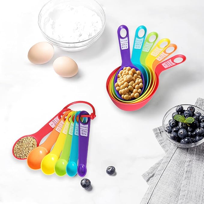 12 Piece Measuring Cups and Spoons Set, Colored Kitchen Measure Tools, Durable