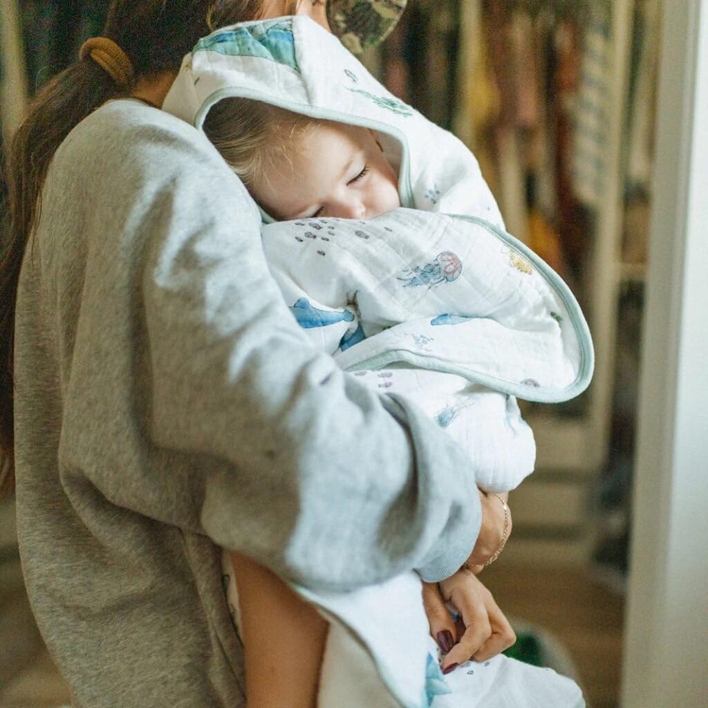 Little Unicorn Premium Hooded Bath Towel| Absorbent Cotton & Terry Blend | Larger Size, 1-6 Years (Whales)