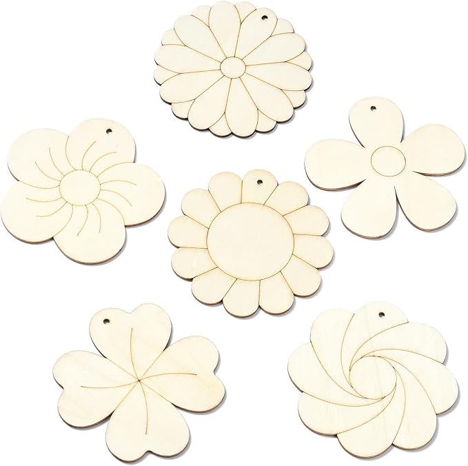60 pcs 6 Styles Spring Flower Theme Undyed Wood Cutout Charms Sunflower Cherry
