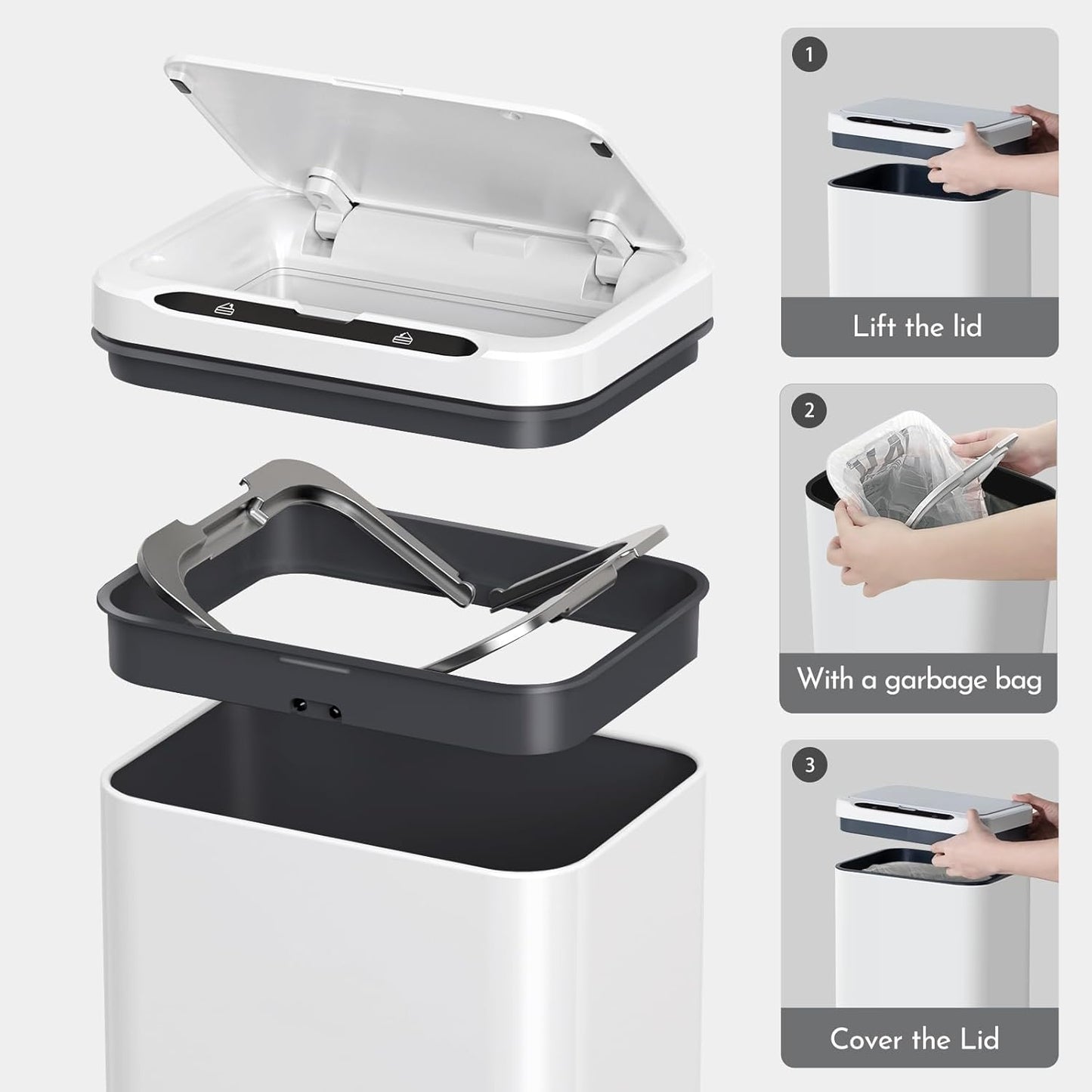 ELPHECO Stainless Steel Office Trash Can Motion Sensor Garbage Can Touchless Smart Trash Can Automatic Waste Bin for Kitchen, Office, Bathroom (White, 6.6 Gallons), 2AA