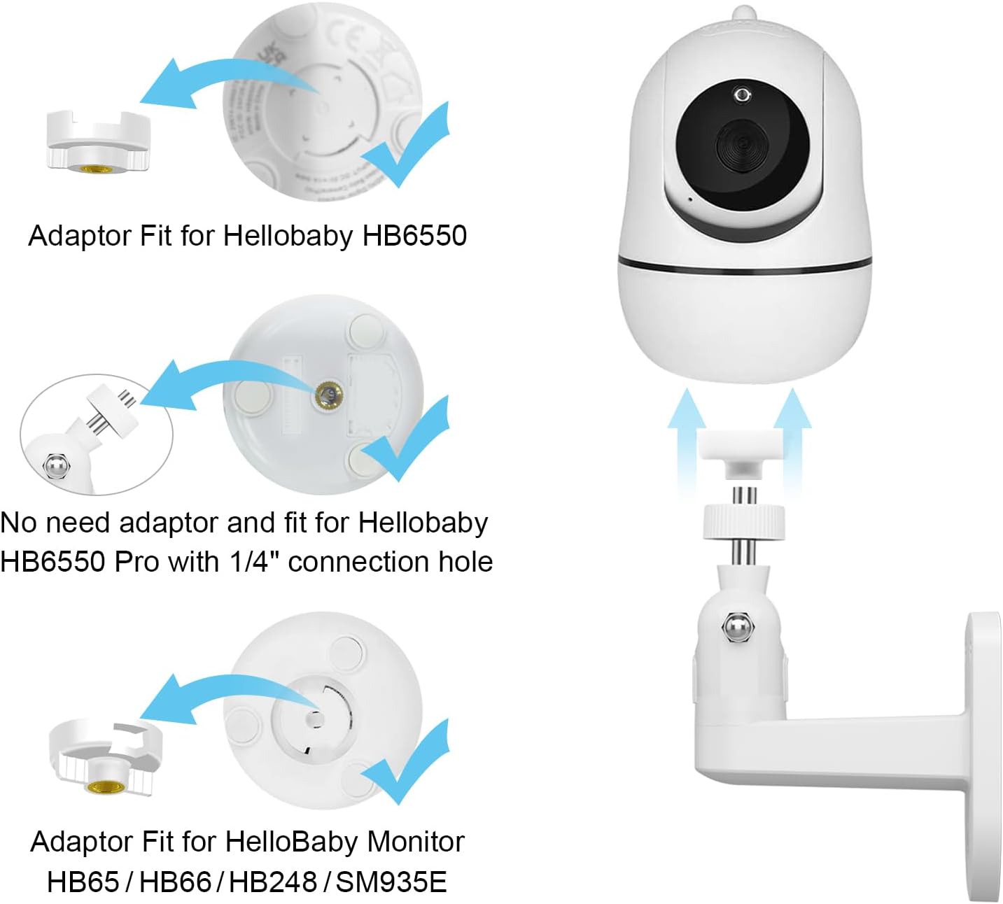 Baby Monitor Mount for HelloBaby HB65/HB40/HB6550/HB66/HB6339/HB6550 Pro, ANMEATE SM935E, 360° Adjustable Baby Camera Wall Mount for Hellobaby Monitor, Two Ways to Install