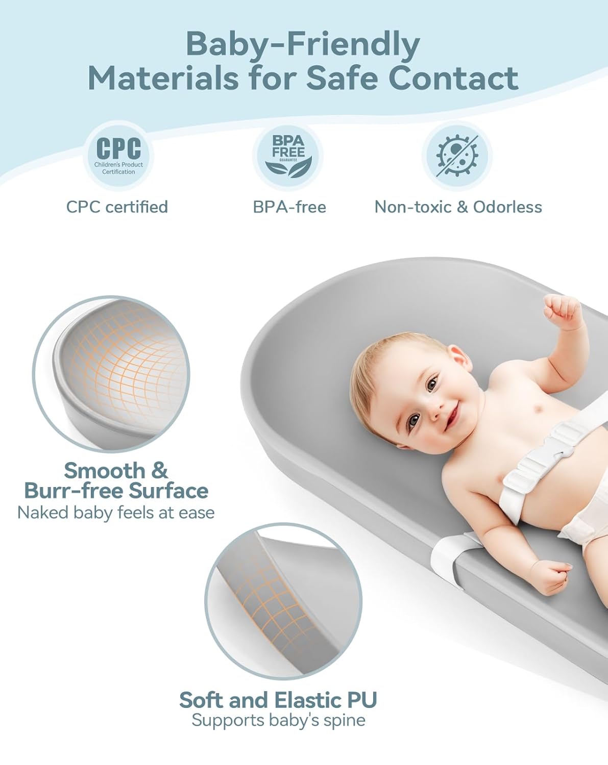 COMOMY Baby Changing Pad for Dresser - Wipeable Changing Pad with Restraining Belt, Waterproof, Soft, Lightweight and Portable, Easy to Clean for On The Go Diaper Change, Light Grey