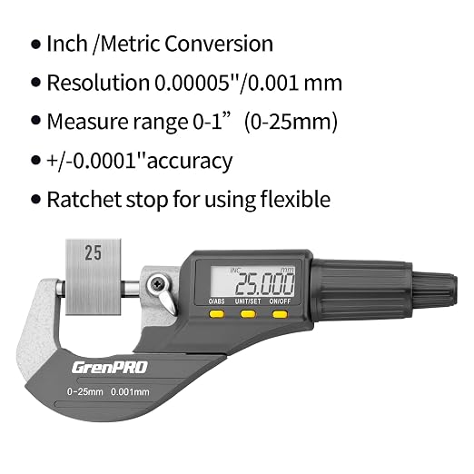 GRENPRO Digital Micrometer Measuring Tool, Professional Inch/Metric Precision