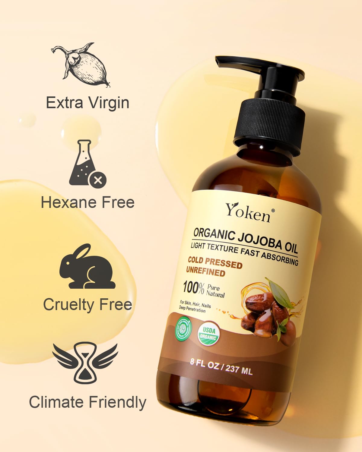 Organic Jojoba Oil Glass Bottle 8 fl oz, USDA Certified 100% Pure & Natural Jojoba Oil for Hair, Skin & Face, Cold Pressed Unrefined Hexane Free, Deeply Moisturizing Body Serum Oils for Gua Sha