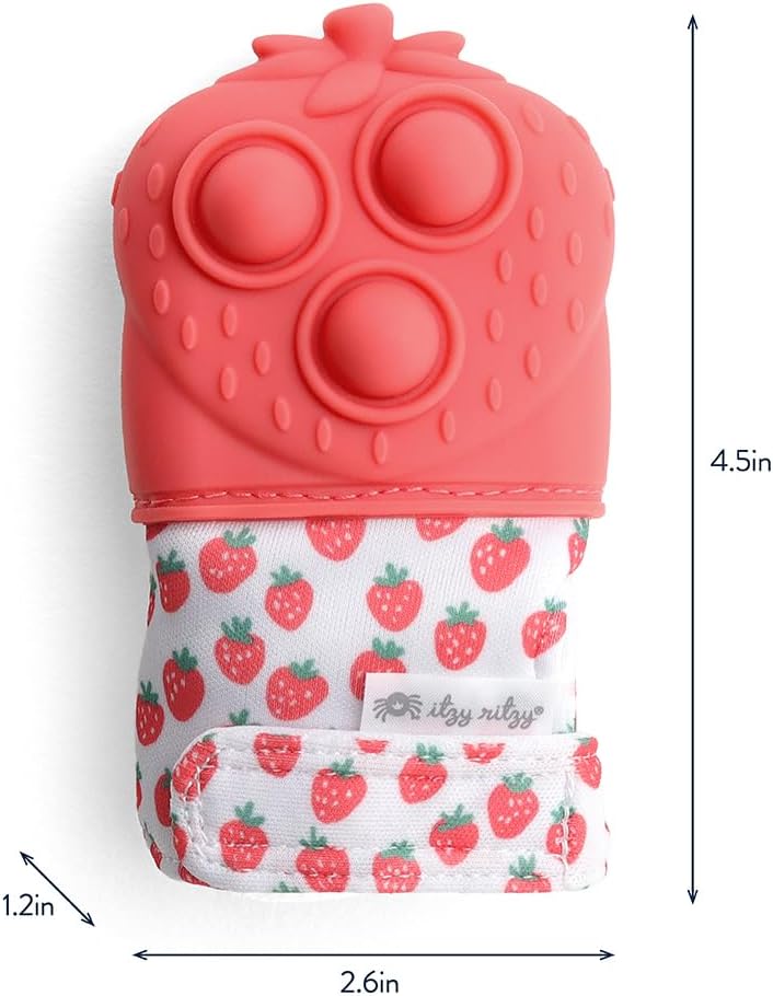 Itzy Ritzy Silicone Teething Mitt - Soothing Infant Teething Mitten with Adjustable Strap, Crinkle Sound & Textured Silicone to Soothe Sore & Swollen Gums - for Ages 3 Months & Up (Strawberry)
