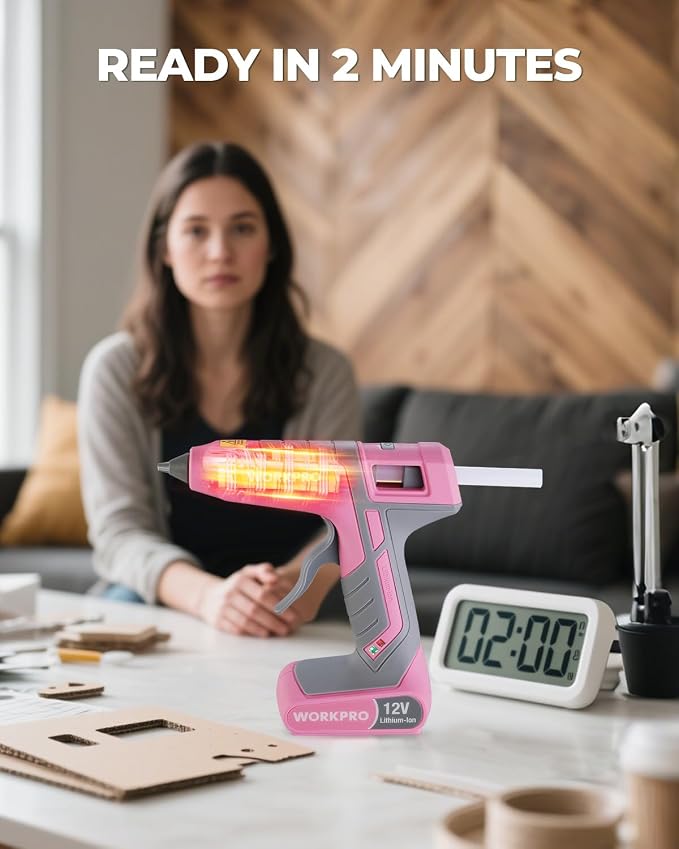 WORKPRO Full Size Cordless Hot Melt Glue Gun - 12V Rechargeable Fast Preheating