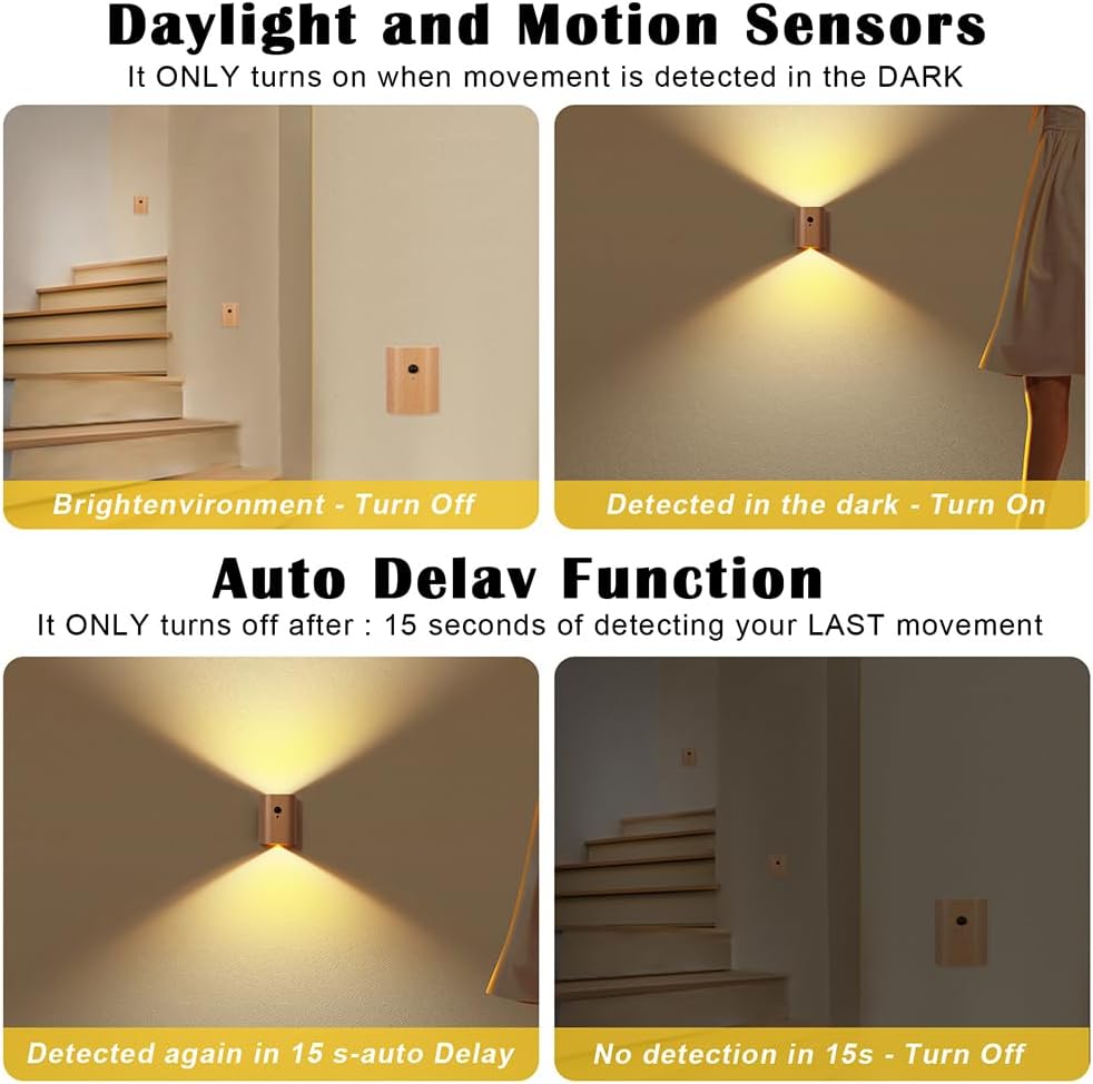 LANDGOO Wooden LED Step Lights Wall Lamp, 2700-3000K Motion Sensor Night Lights, Rechargeable Stair Lights for Hallway Indoor Lighting(White Ash Wood 2PCS)