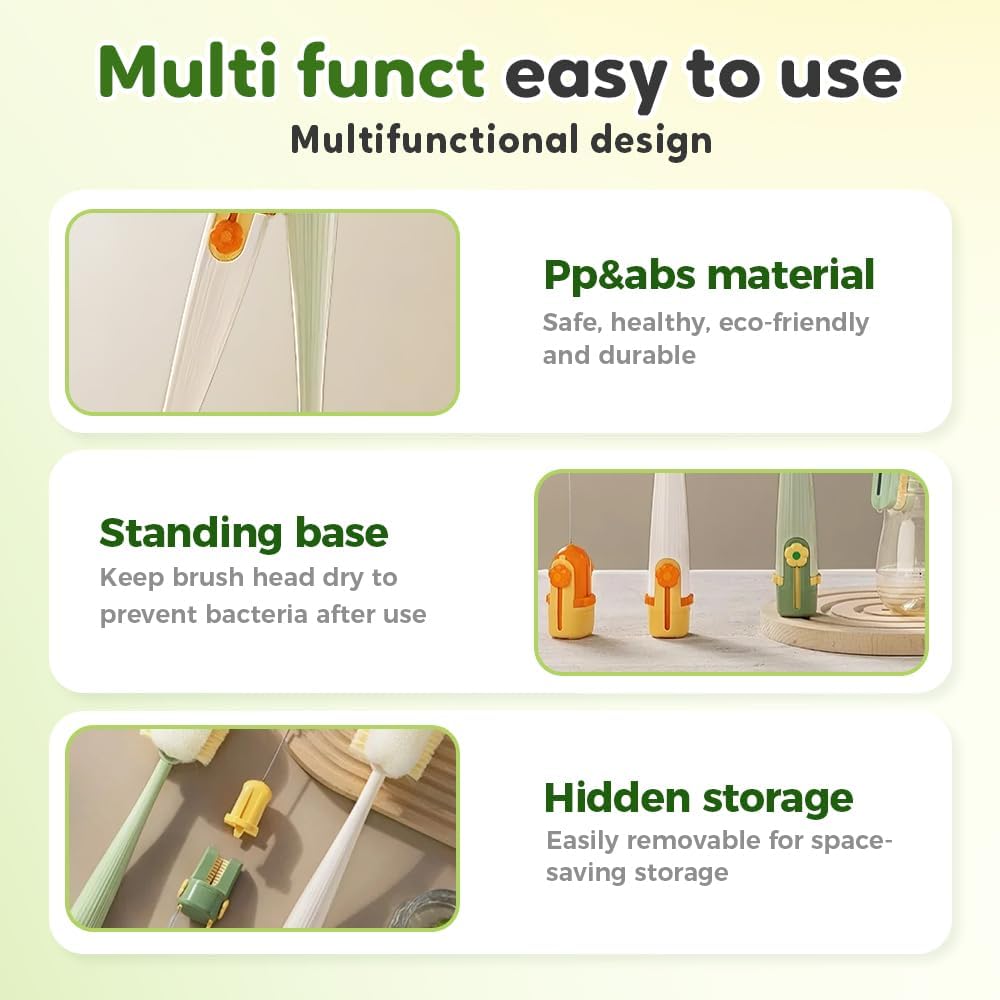 5 in 1 Bottle Cleaning Brush, Multifunctional Water Bottles Cleaner Brushs Portable Bottle and Lid Cleaning Brush Tool, Straw Cleaner Brushs for Baby Bottles Tumblers Glass Cups (2, Green)