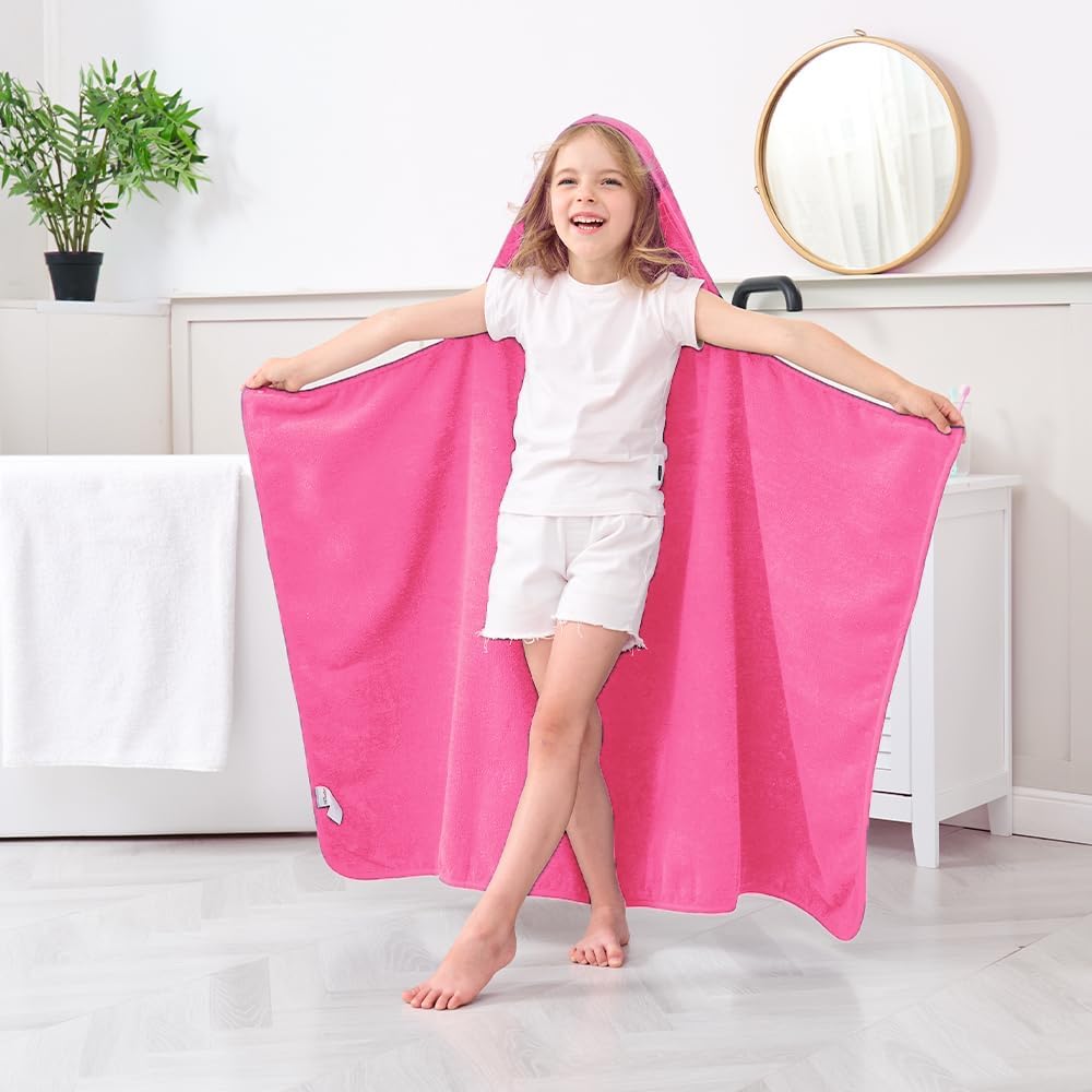 Hiturbo Kids Hooded Bath Towel: 100% Cotton Soft Thick Absorbent Towels Wrap - 50"x30" Shower Beach Pool Wearable Blanket for 3-12 Yrs Boys Girls - Pink
