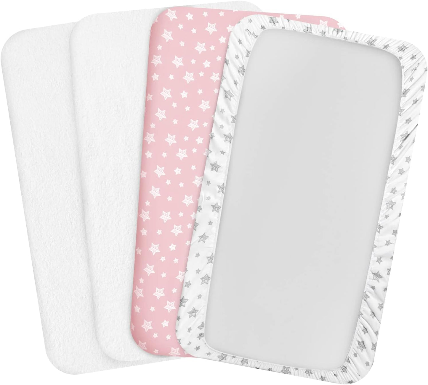 Pack and Play Sheets & Waterproof Terry Pack N Play Mattress Protector Pad Cover 4 Pack, Viscose Terry Pack N Play Sheets Set, Grey & Pink