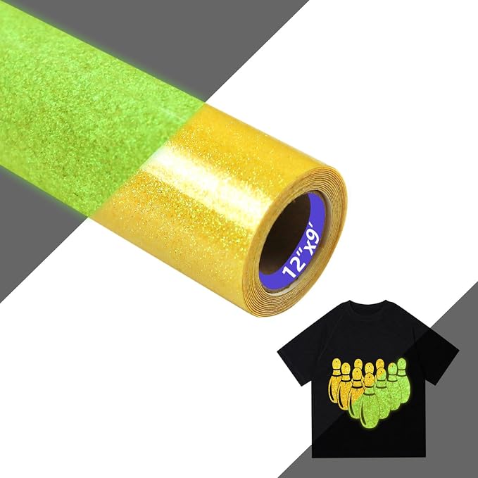 HTVVETUR Glitter Gold Heat Transfer Vinyl, Glow in The Dark HTV Vinyl Roll 12"