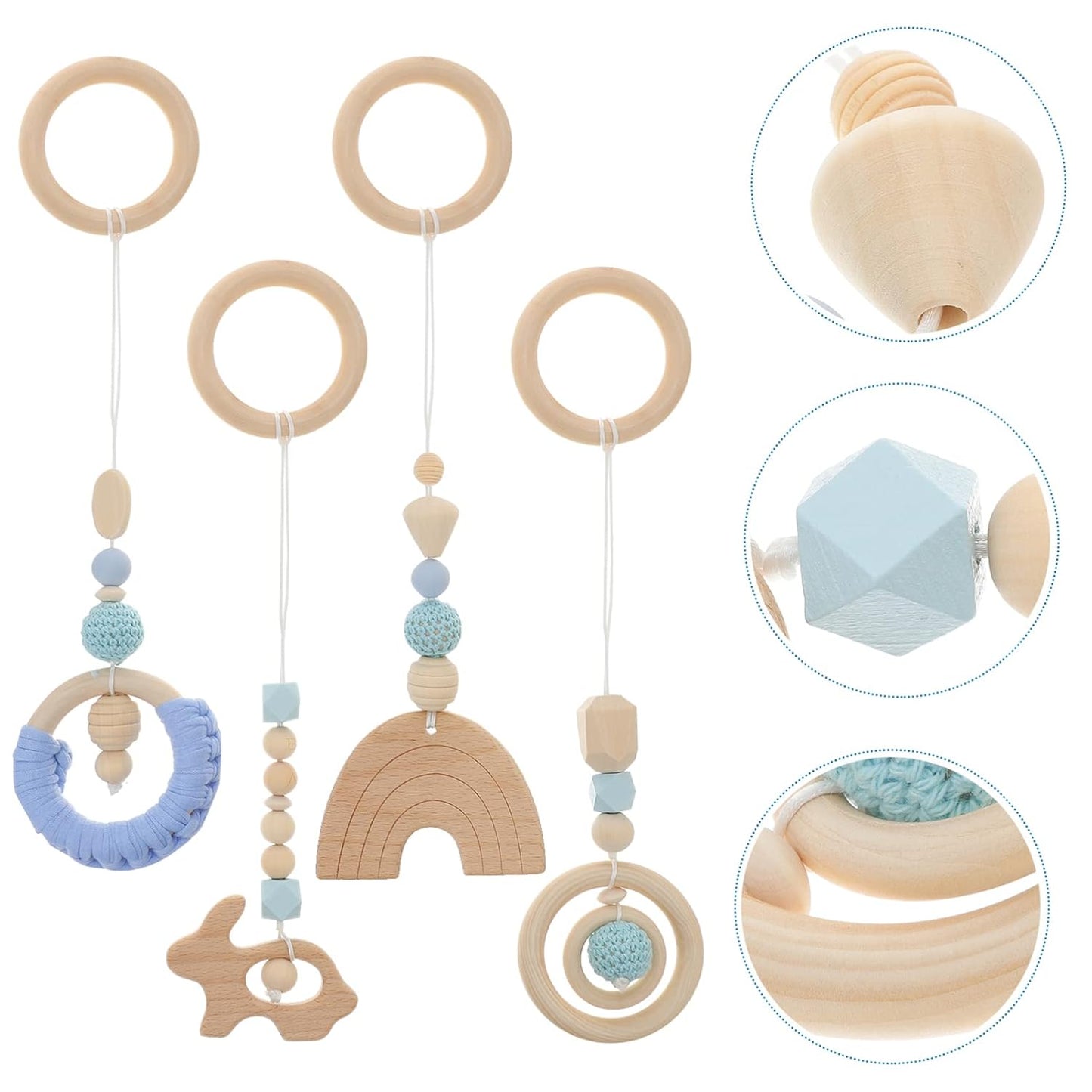 Teething Rings 4Pcs Baby Gym Wood Toys Wooden Hanging Toy Wood Activity Pendant Hanging Toy Dangling Teething Soother Sensory Toys Nursery Decor Montessori Play Gym