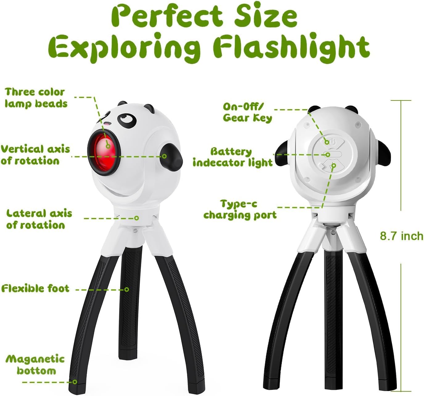 TOLYS Panda Kids Flashlight – Rechargeable LED Torch with 8 Color Modes, USB-C, Fun Flashlight for Boys & Girls, Perfect for Parties, Camping & Outdoor Adventures