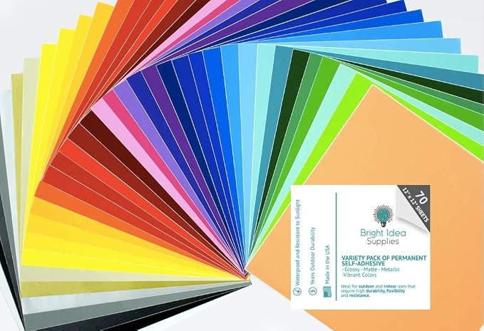 Bright Idea Permanent Vinyl, 70 Pack 12 "x 12" Vinyl Sheets Compatible