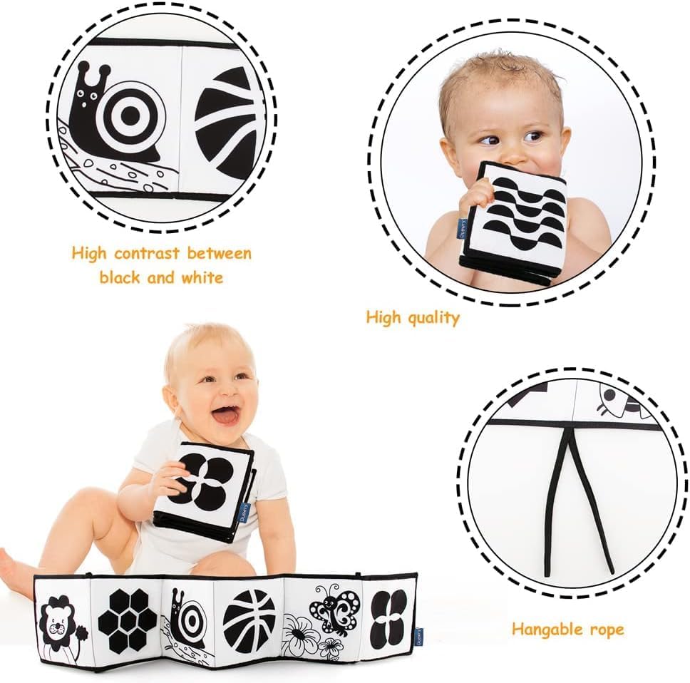 My First Black and White High Contrast Soft Book , Infant Tummy Time Toys, Black and White Baby Cards, Folding Educational Activity Cloth Book Suitable for Boys Girls Toddler