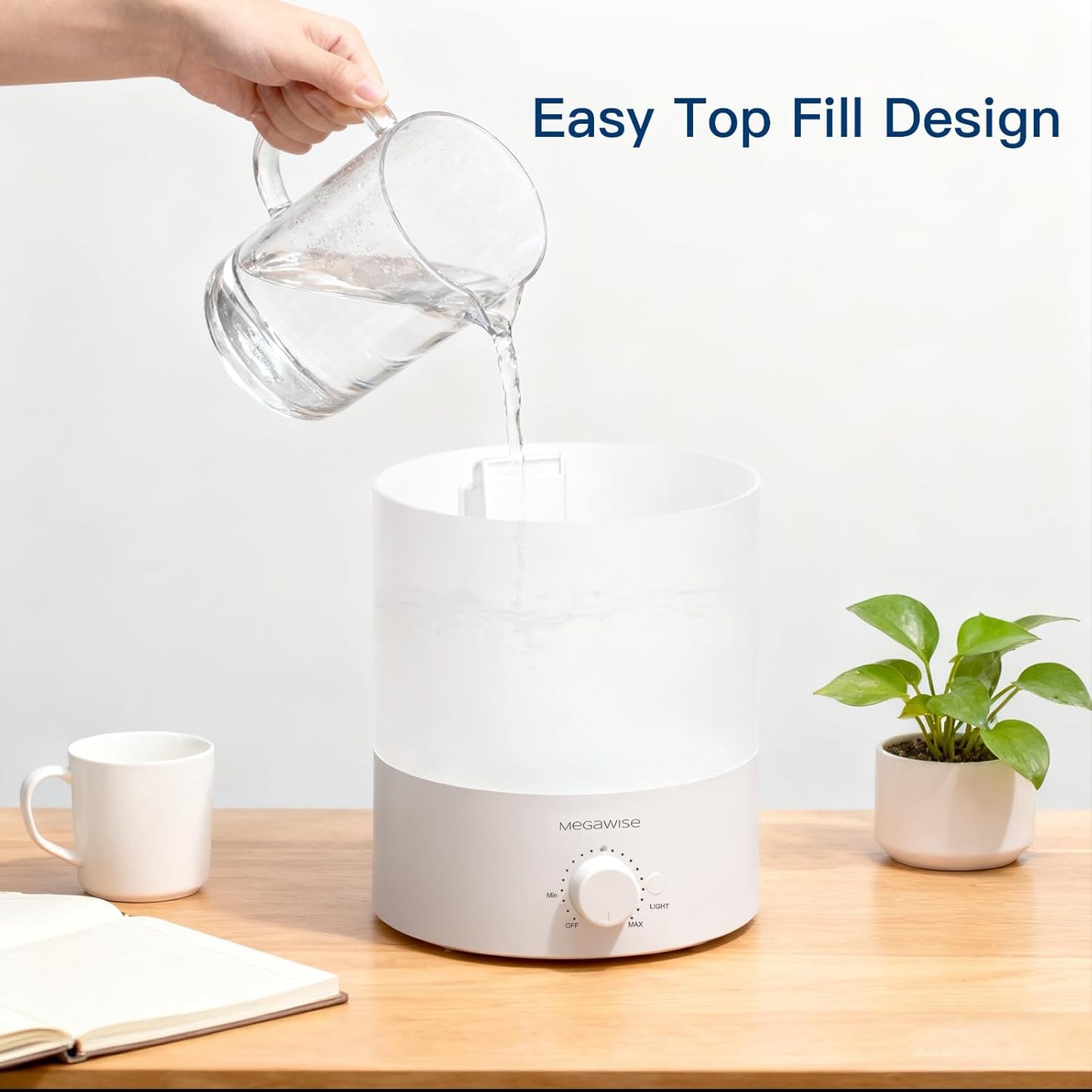 MEGAWISE 1.5L Cool Mist Humidifier for Bedroom, Home, Office, and Plants, Essential Oil Diffuser with Adjustable Mist Output, 25dB Quiet Ultrasonic, Up to 10 Hours, Easy to Clean