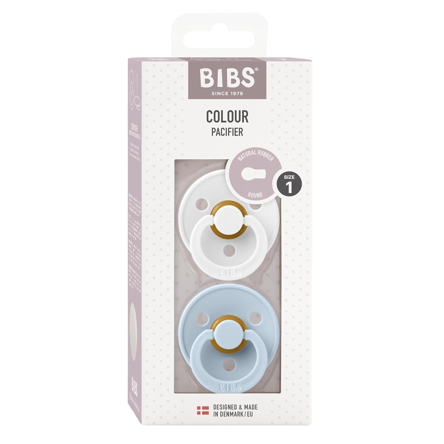 BIBS Pacifiers Colour Collection | Natural Rubber Baby Pacifier | Set of 2 BPA-Free Soothers | Made in Denmark | 0+ Months (Pack of 2) | Baby Blue / White