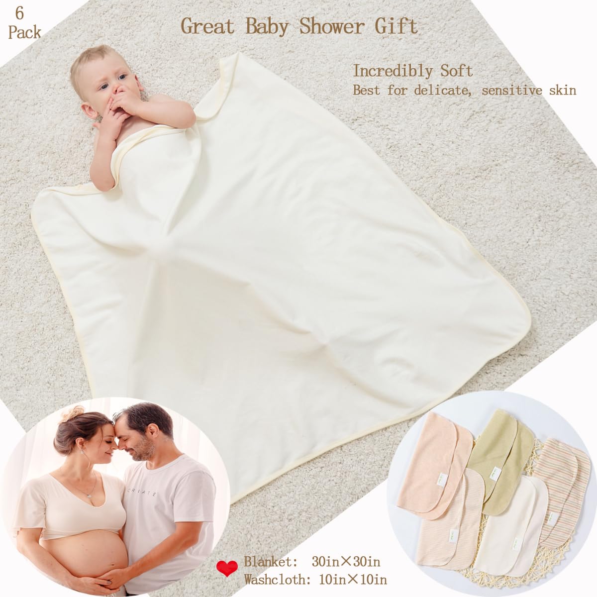 6 Pack 1 Baby Hooded Towel and 5 Washcloths Set, Premium Ultra Soft Reusable Organic Cotton Baby Bath Towel for Newborns, Infants, Toddlers, Unisex Babies' Gifts, Brown 30 x 30 Inch