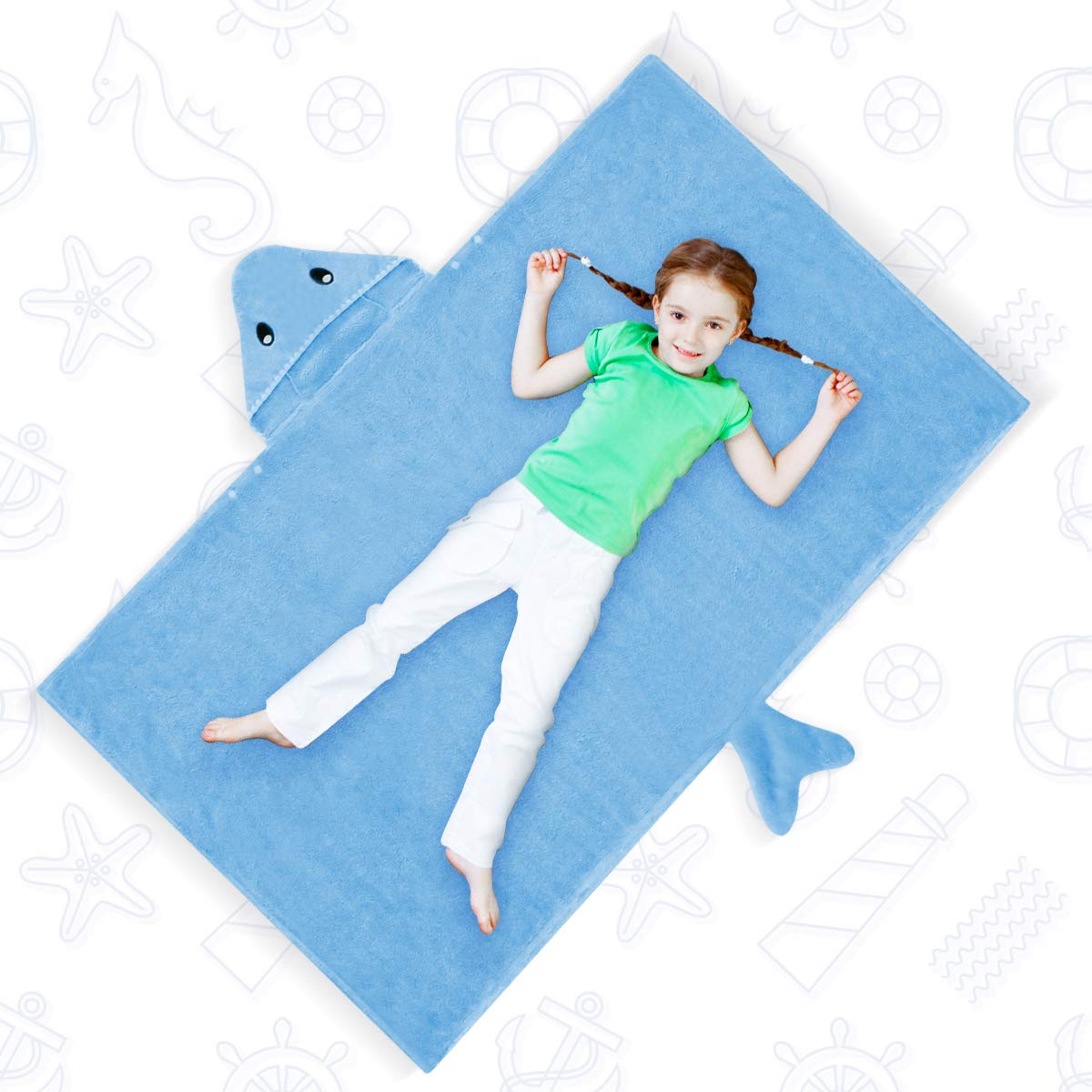 ROMASA Toddler Hooded Bath Towel Ultra Soft Towel Highly Absorbent Bathrobe Blanket for Boys Girls- 27.5" x 55"(Blue Shark-Shape)