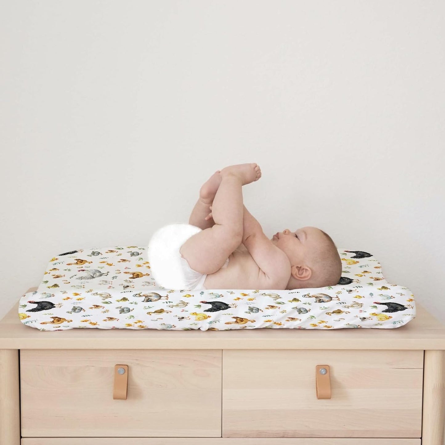 Spring Farm Animals Boho Leaves Changing Pad Covers Chick Rooster Hen Duck Eggs Baby Diaper Changing Pad Cover for Boy Girl Soft Breathable Stretchy Baby Changing Table Sheets Mats 32''x16''
