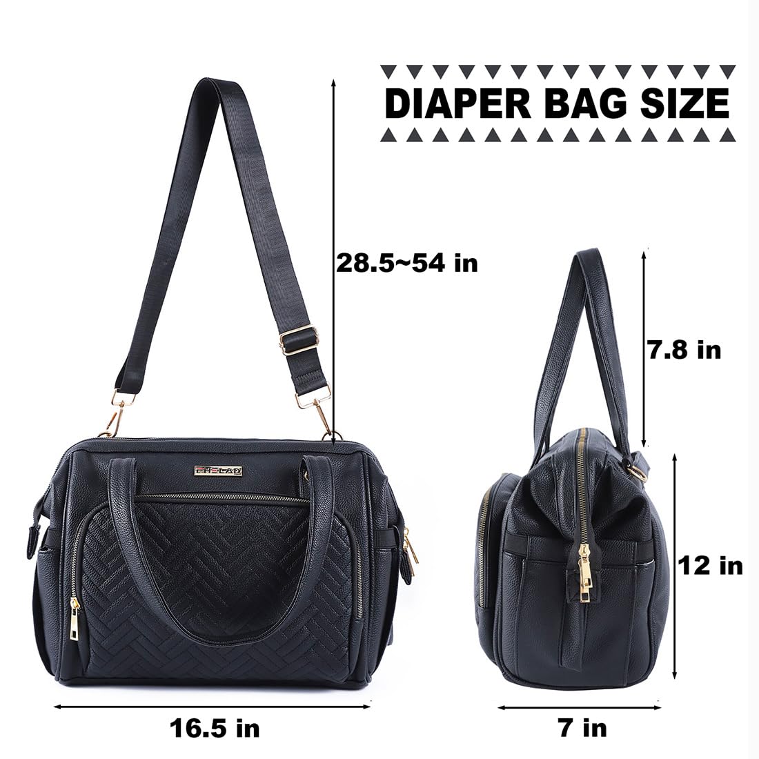 Diaper Bag Tote, with 12 Pocket Mom Bag, 16" Large Leather Baby Bags Convenient to Carry Diapers, Wet Wipes, and Bottles (Black)