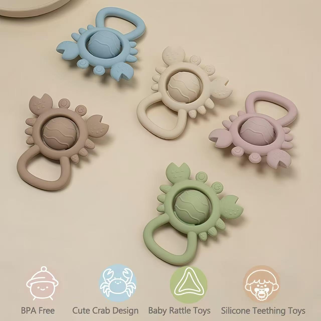 Baby Teething Toys Baby Rattle Toys Food Grade Silicone Rattles and Teethers for Newborn Soft Infants Toddlers Crab Shake Rattle Chew Toy BPA Free Babies Boy and Girl Gift