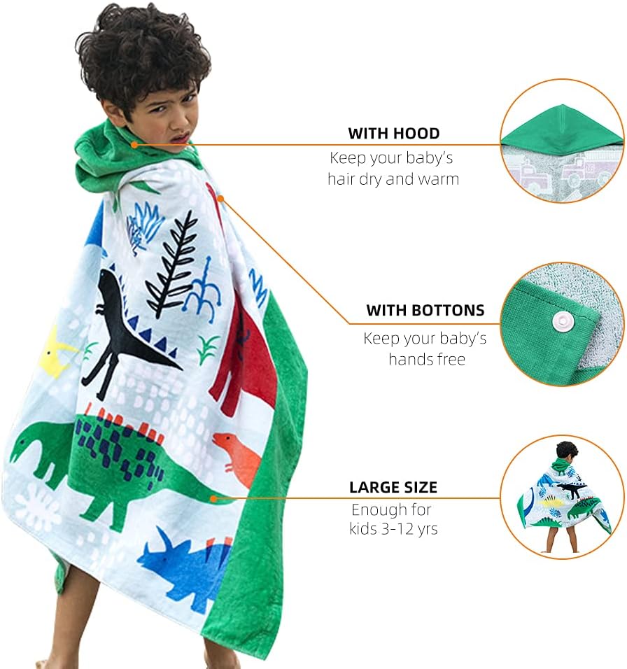 BANGSAUR Kids Hooded Bath Beach Towel, 100% Cotton 50"x30" Wrap, Toddlers Girls Boys 3-12 Years Coverup(Dinosaurs)