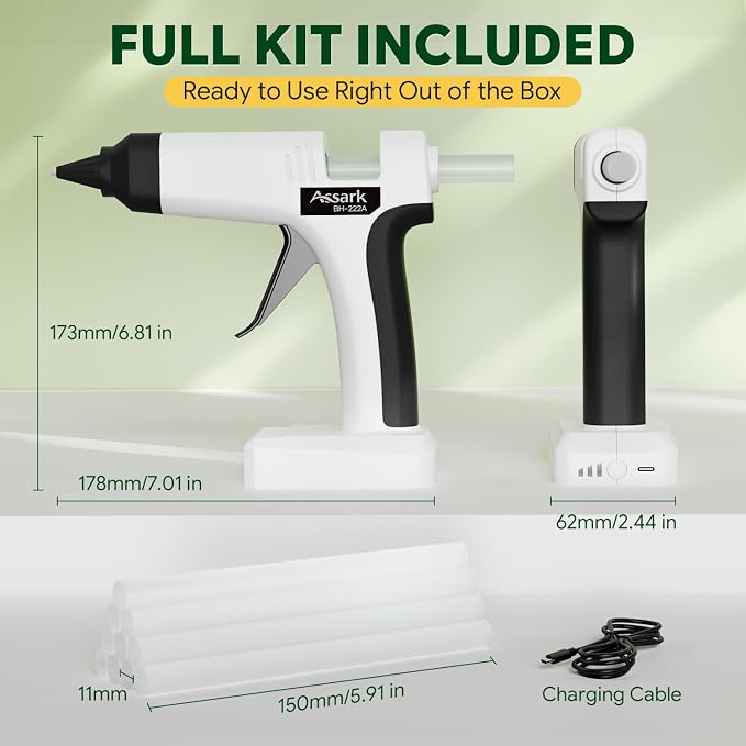 Assark Cordless Hot Glue Gun, Full Size, 6000mAh 60-Min Battery, Plug-in