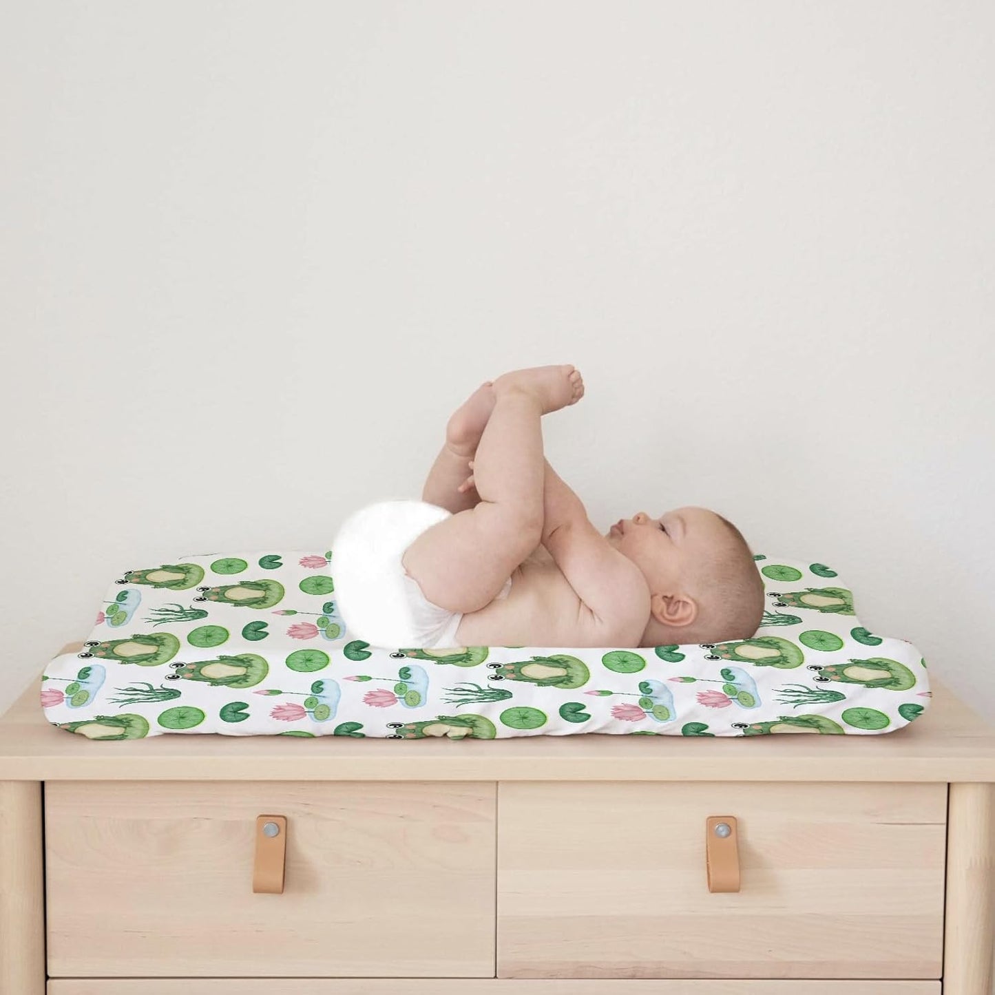 Cartoon Frogs Flower Leaves Pond Changing Pad Covers Water Lilies Lake Diaper Change Table Pad Sheets for Baby Girl Boy Animal Soft Breathable Stretch Baby Changing Table Pad Mats Covers 32''x16''