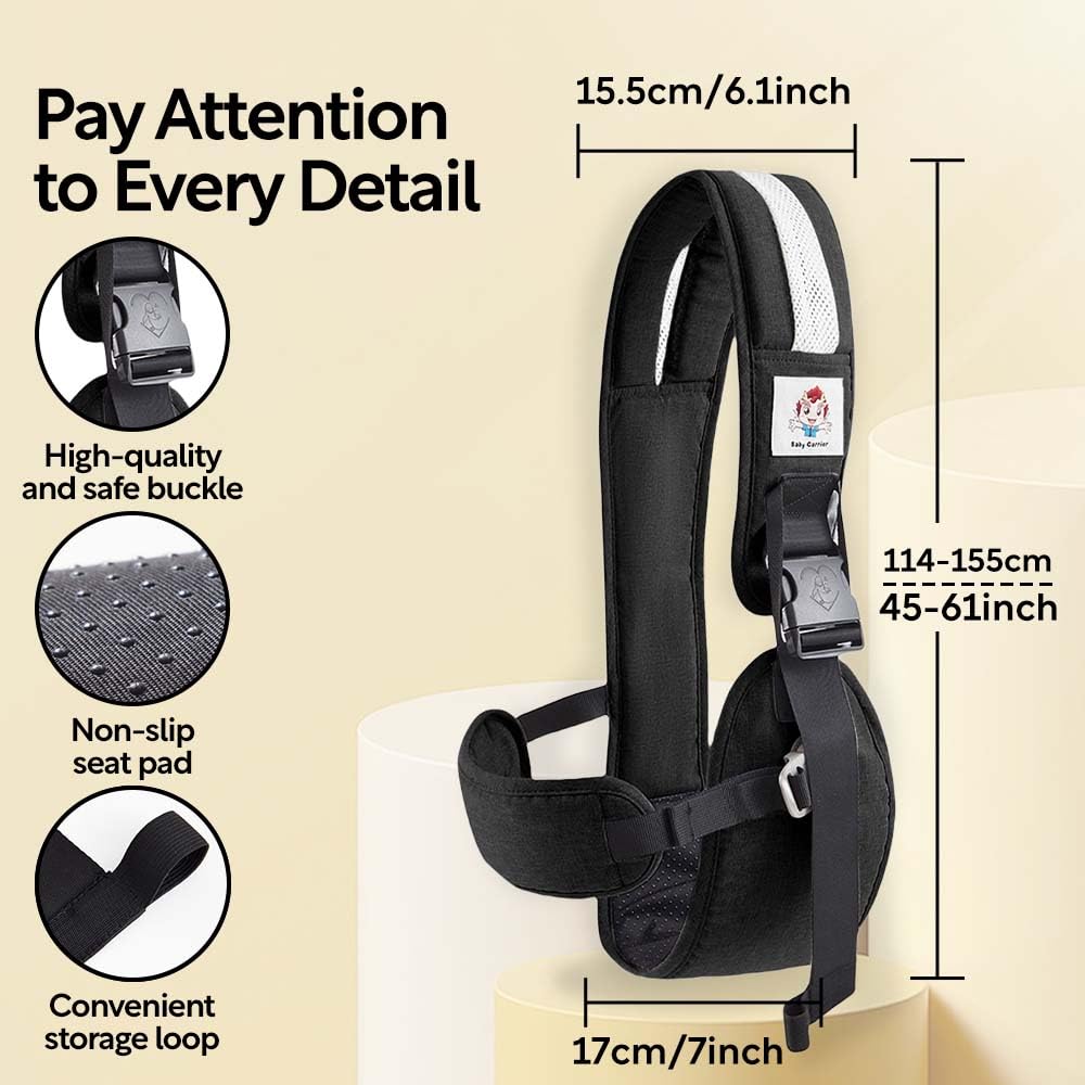 Baby Sling Carrier with Hip Seat - Breathable & Adjustable, Anti-Slip Design for Infants 0-36 Months, ASTM Certified, Ergonomic Hands-Free Carrier Carrying 8-35lbs (Black)