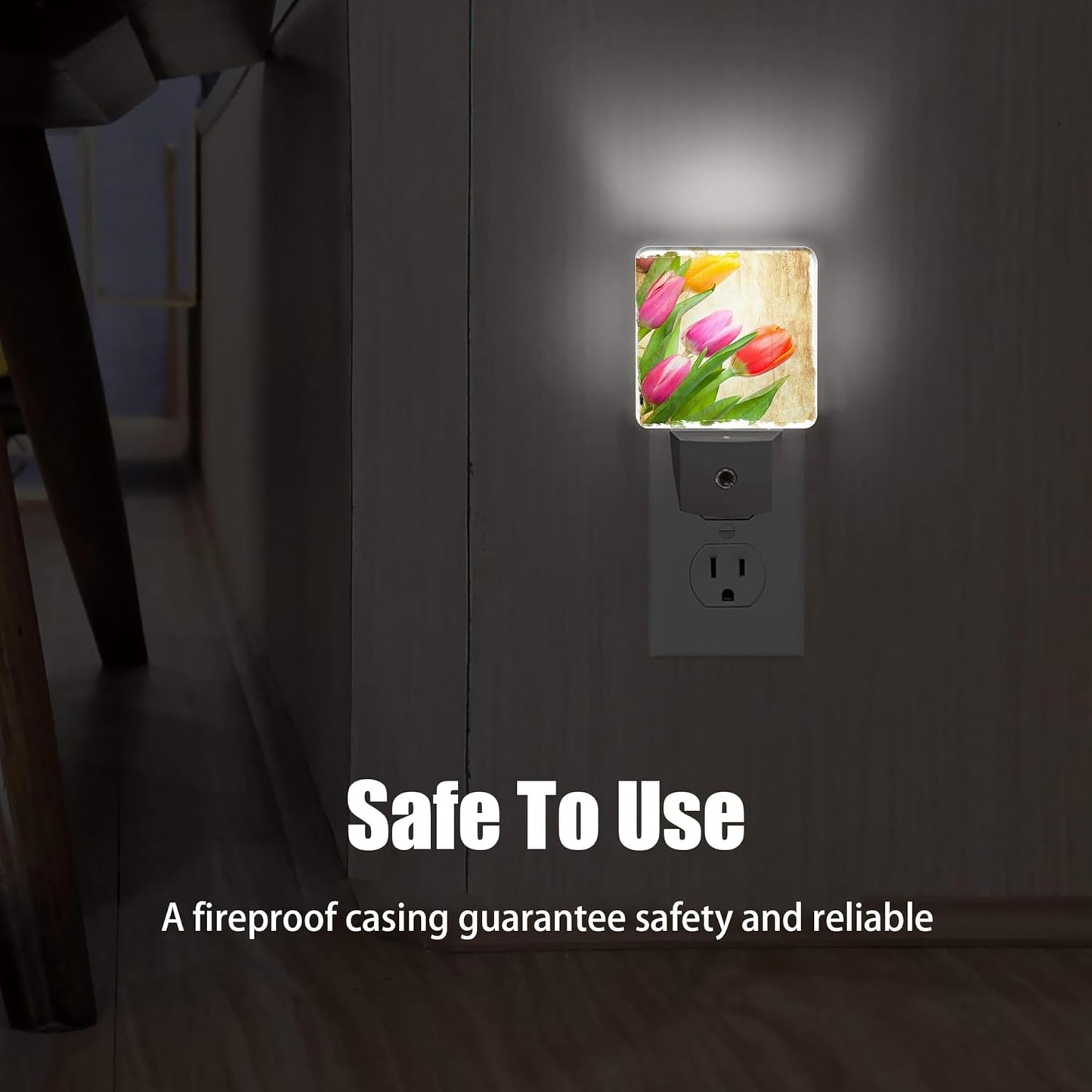 Vintage Tulips Night Light Plug in Wall Lamp Smart Dusk to Dawn Sensor for Home Decorative, Kids Room Bedroom Bathroom Kitchen Hallway Gifts
