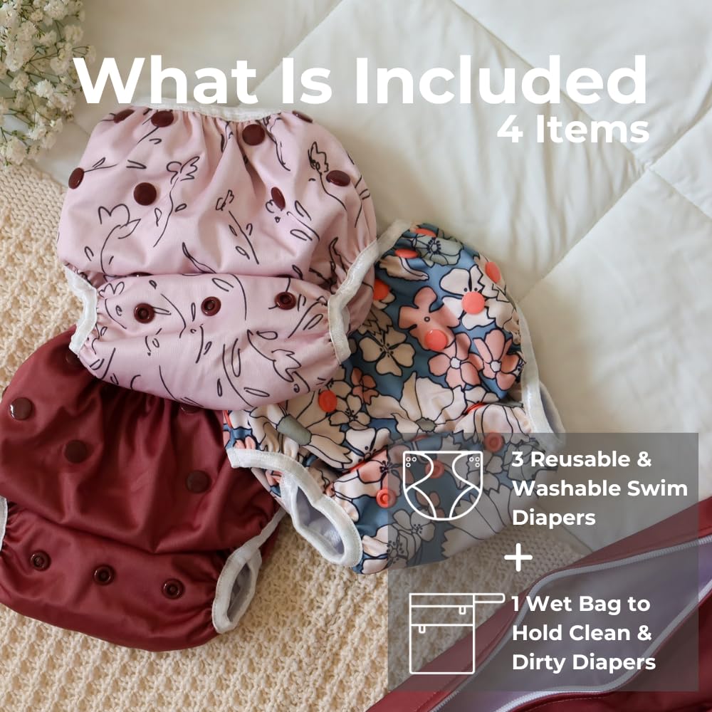 Nora's Nursery Reusable Swim Diapers and Wet Bag - One Size Fully Adjustable - Charleston Rose Unisex 3 Pack with Wet Bag