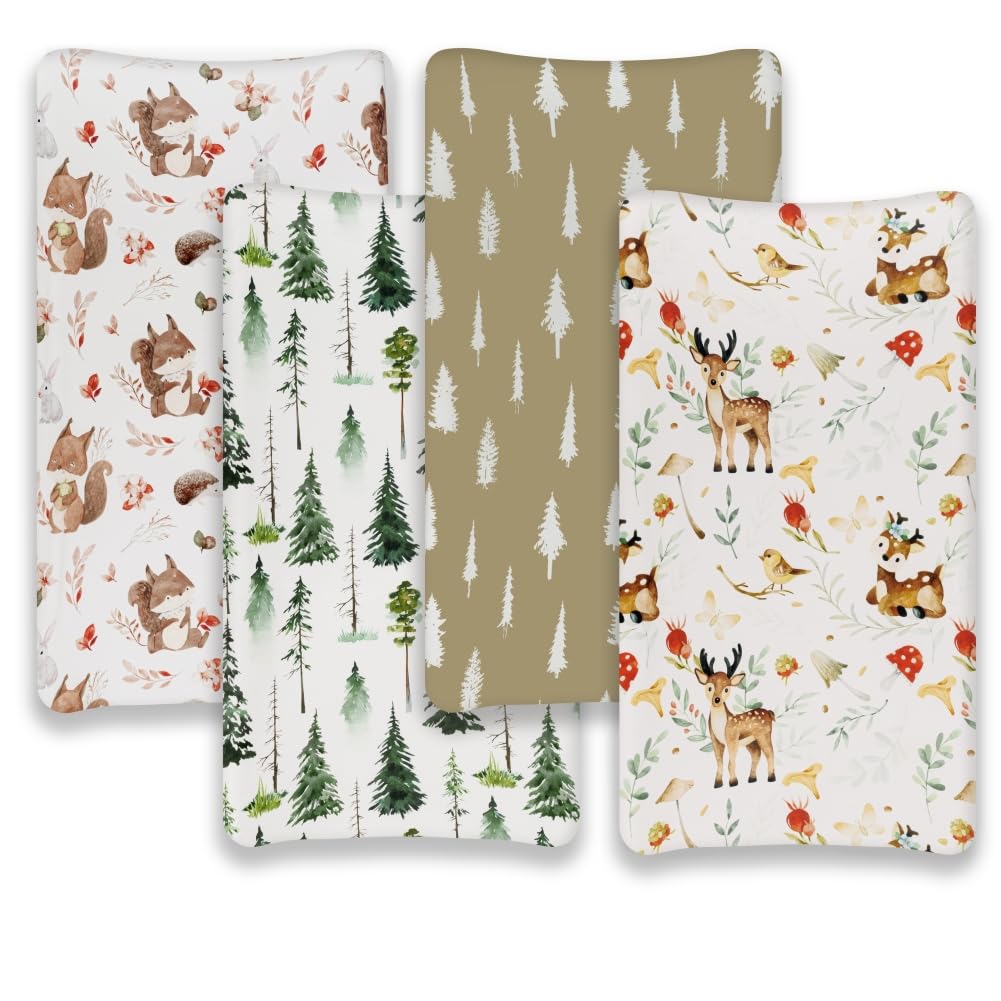 4 Pack Changing Pad Covers Woodland Forest Animals Wood Neutral Unisex Fitted Baby Changing Pad Cover Set for Baby Boys or Girls (Beer)