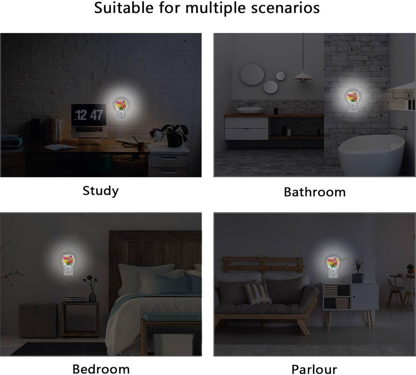 Aslsiy Night Light for Kids Watercolor Tulips in Vibrant Colors (4) Plug in Wall Lamp LED Dusk to Dawn Sensor Energy Saving Nightlight for Boys Girls Men Women