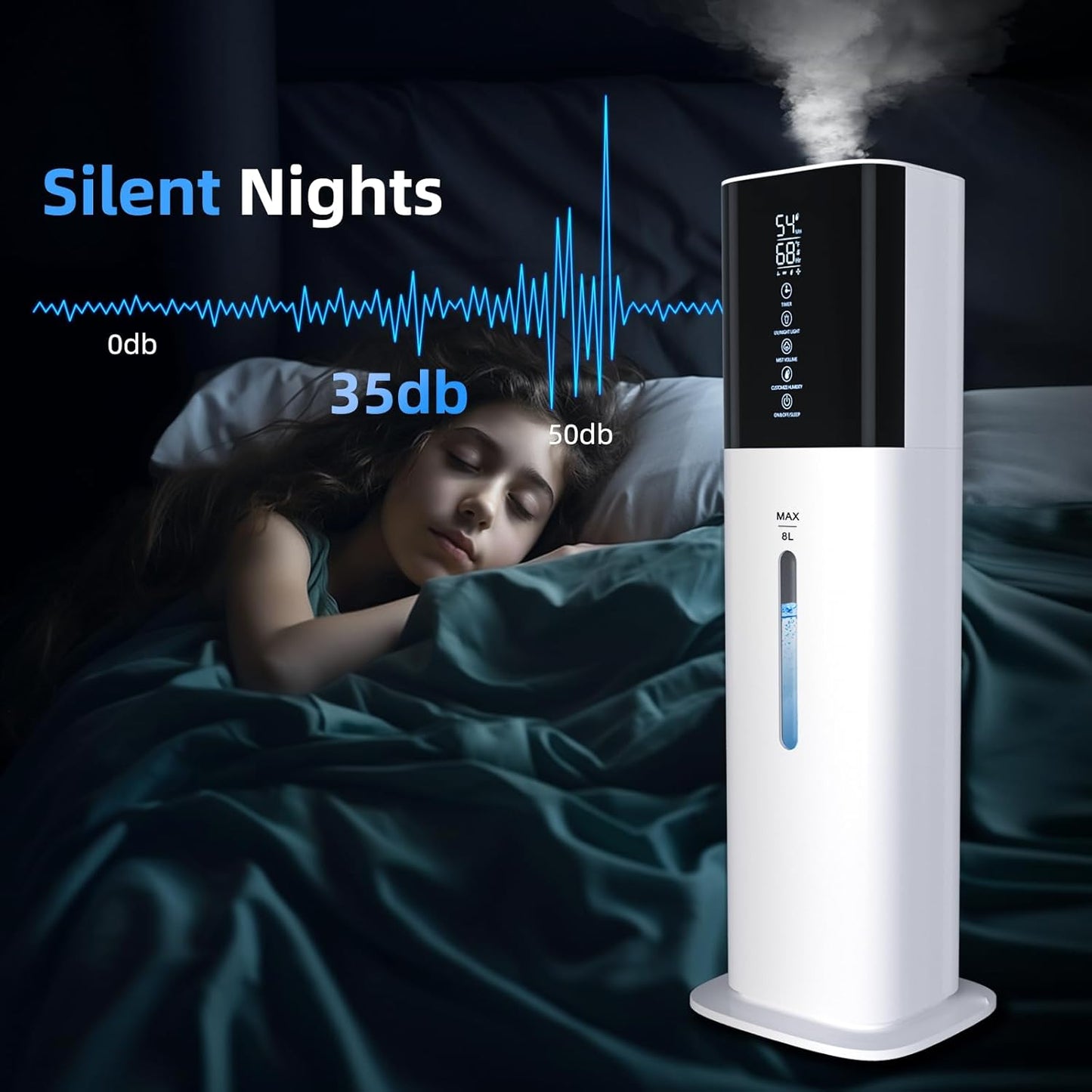 2.11Gal Ultrasonic Cool Mist Humidifier with Timer and Humidistat for Large Rooms - Home, Bedroom, Baby, Adults, Plants