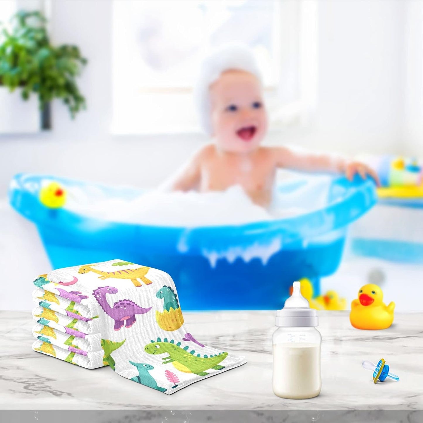 Cartoon Dinosaur Baby Muslin Washcloths Cute Burp Cloths Soft Absorbent Baby Wash Cloth Fingertip Face Towels for Newborn Boys Girls 12 x 12 in, 5 Pack