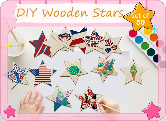 50Pcs Unfinished Wooden Stars Ornanents Independent Christmas Decoration