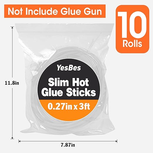 10 Pack Long Mini Hot Glue Stick Rolls, 3 FT Long x 0.27" Diameter Glue Sticks