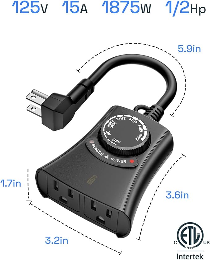 HBN Outdoor Light Timer with Remote Control, Waterproof Light Sensor Timer, 100 ft Wireless Range, 2 Grounded Outlets for Christmas Lights, 15A 1/2HP Heavy Duty