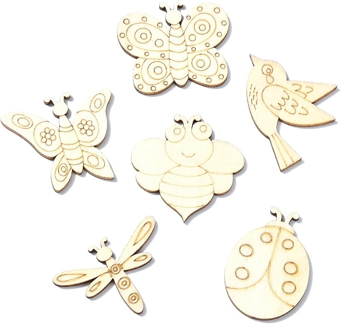 200 Pcs Unfinished Wooden Cutouts Insect Butterfly Bird Shapes Wooden Craft