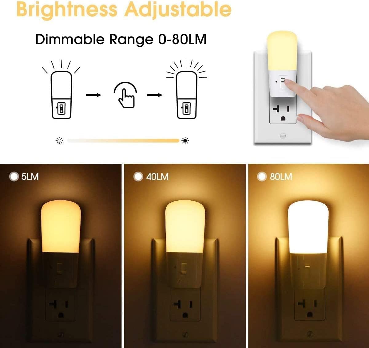 LOHAS Plug in Night Light, Dimmable LED Night Lights With Dusk to Dawn Sensor, Soft White 3000K Sleep Nightlight, Adjustable Brightness 5-80lm Mini Light for Nursery Kids Room Hallway Kitchen, 2 Pack