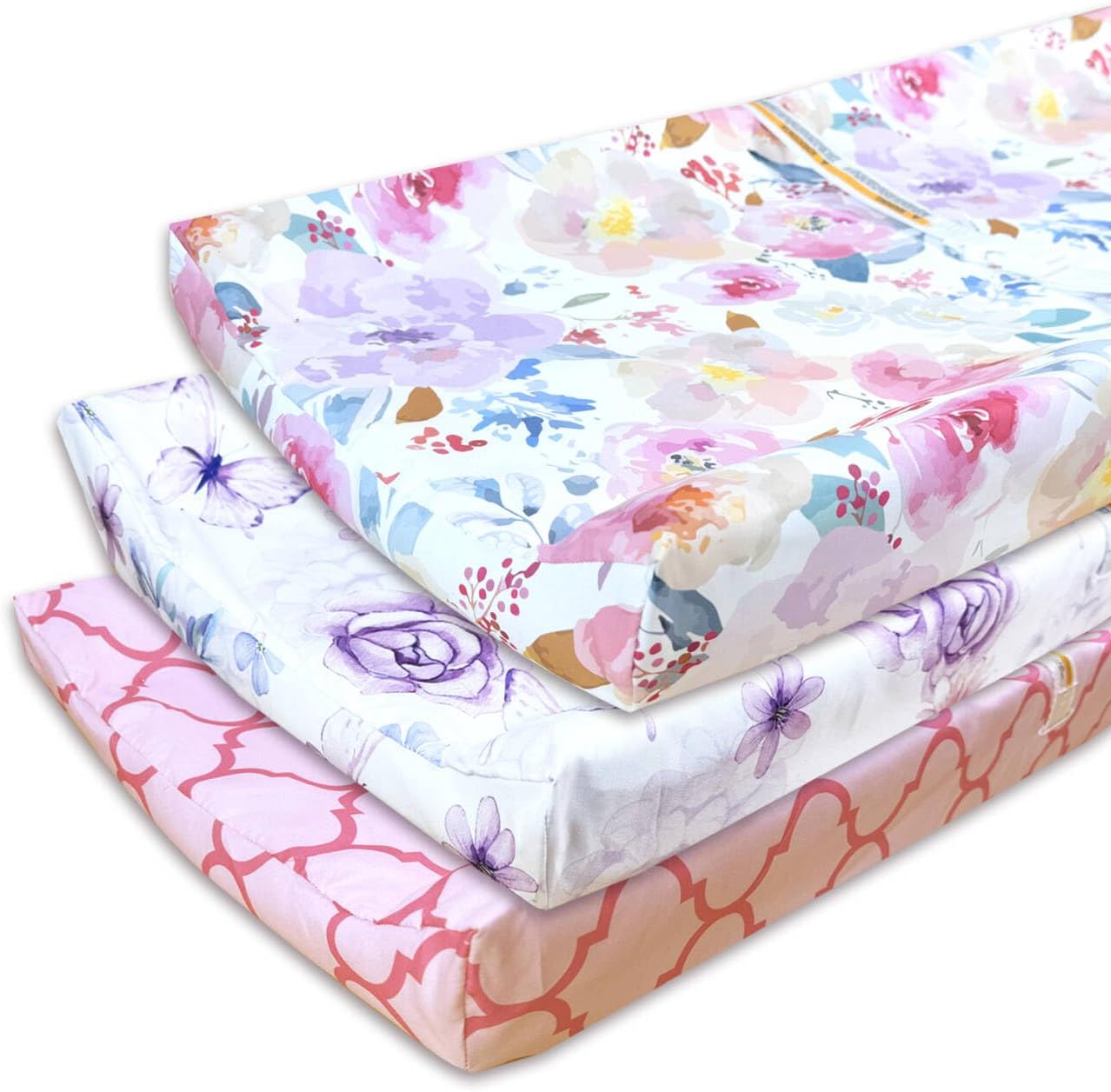 AMROSE 3 Pack Changing Pad Covers, 32" x 16" Ultra Soft Microfiber Diaper Change Table Sheets for Baby Girls, Happy Garden