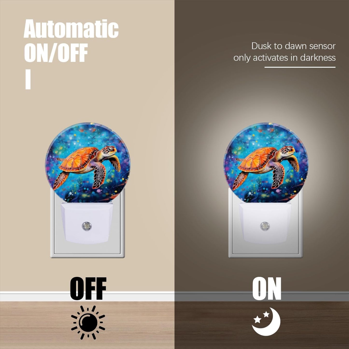 Round LED Night Lights Lamp with Dusk to Dawn Sensor, Orange Sea Turtle Swimming Gracefully Night Light Plug Into Wall for Kids Room, Bedroom, Bathroom, Kitchen, Hallway