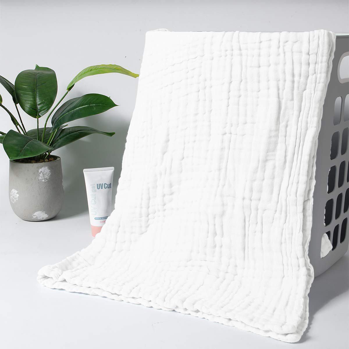 FOOK FISH Muslin Baby Towel Super Soft and Absorbent Cotton Baby Bath Towels 2 Pack 6 Layers Infant Newborn Blanket Toddler and Kids Large 40 x 40inches (White)